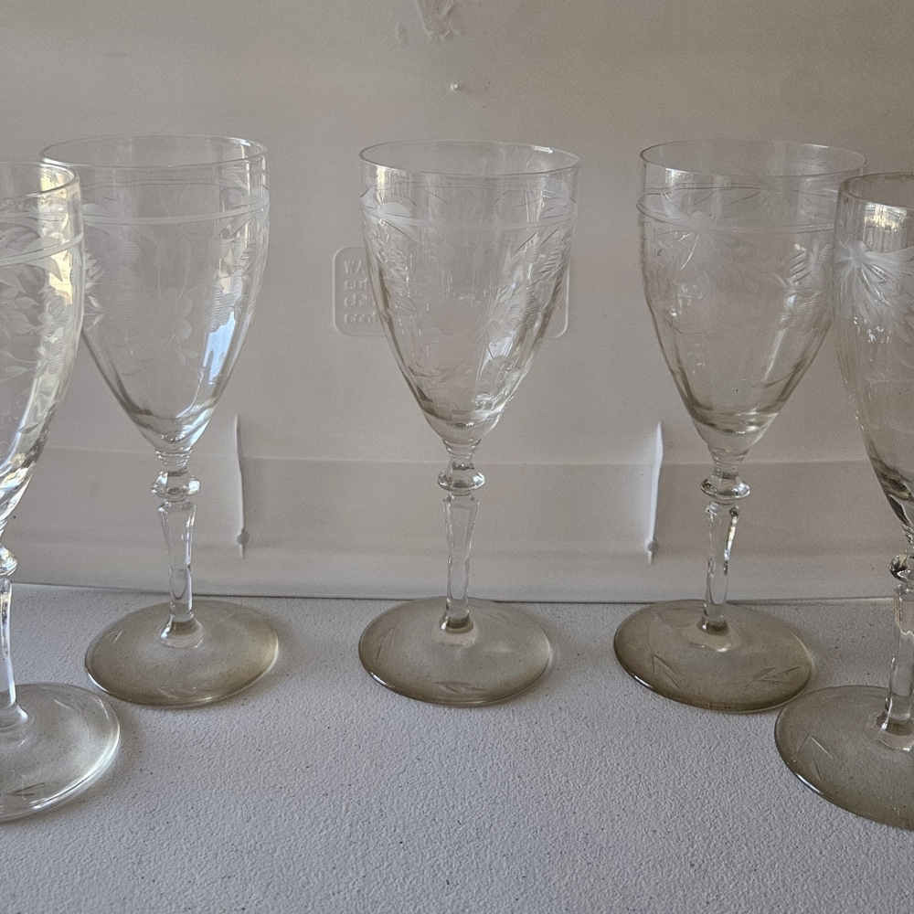USED Frosted Flowers And Leaves Chamagne/Wine Glasses Set Of 5